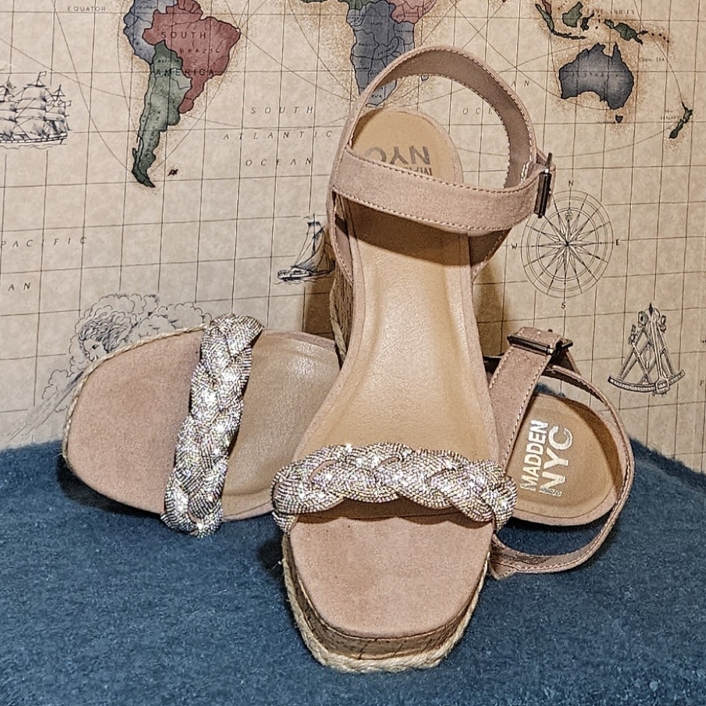 New in Box Madden NYC Braided Rhinestone Wedge Platform Sandals Size 9 1/2